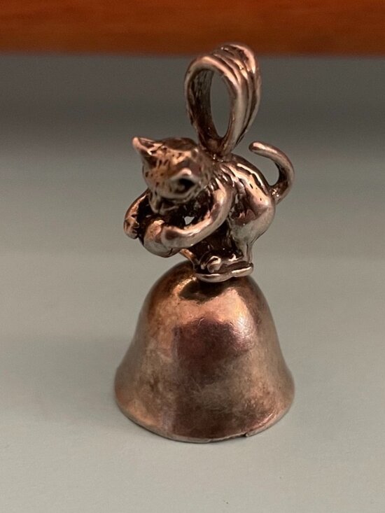 925 Sterling Silver Jewelry - Vintage Sterling Silver Handmade OOAK Cat Bell Pendant Bob Stringer Y2K $125